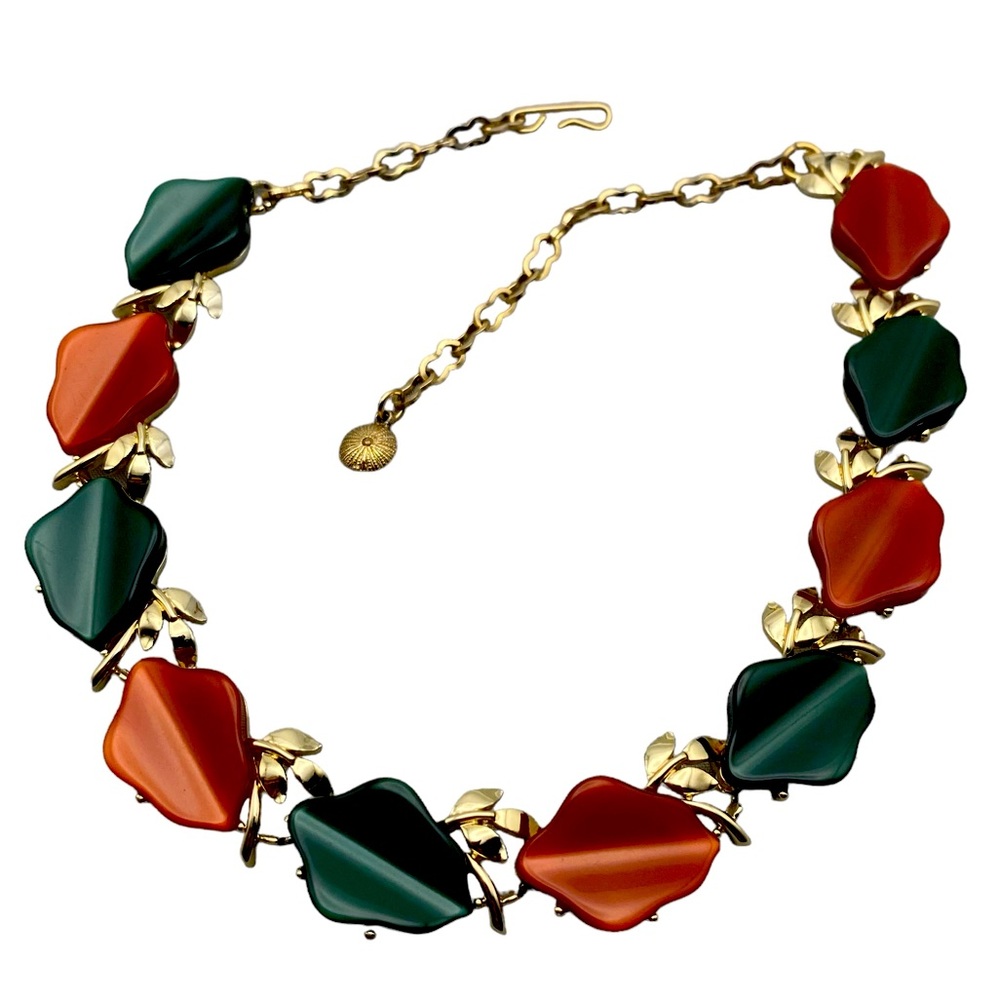 Vintage Moonglow Lucite Orange & Green Leaf Necklace Gold-Tone Adjustable
